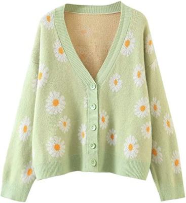 China 2022 Spring V-Neck Custom Long Sleeve Plain Anti-Wrinkle With Buttons Flower Knitted Women Sweater Cardigan for sale