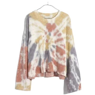 China Anti-Wrinkle Tie Dye Casual Loose Crewneck Knitted Cotton Pullover Women Warm Sweater for sale