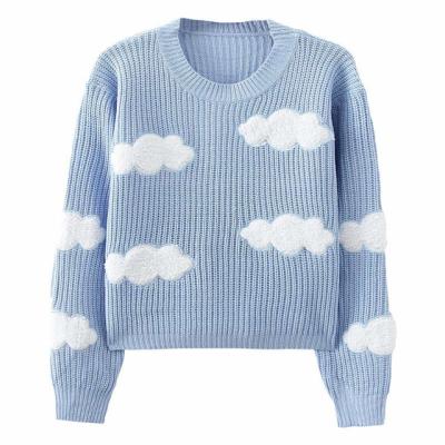 China Anti-Wrinkle Soft Loose Cloud Design Knitted Long Sleeve Crewneck Pullover Women Sweater for sale