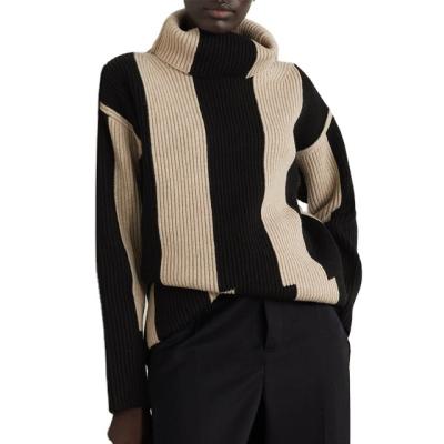 China Anti-Wrinkle Plus Size Loose Warm Color Blocking Stripe Sweater Turtle Neck Women Sweater for sale