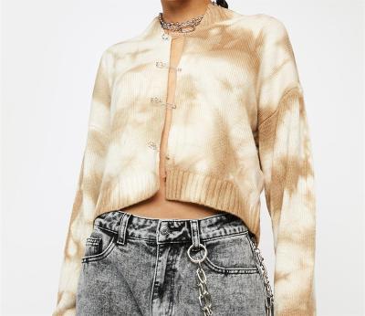 China 2022 New Arrival Women Anti-wrinkle Loose and Slim Lazy Cardigan Jacket Style Chic Shorts Tie Dye Pin Loop Design Knitted Sweater for sale