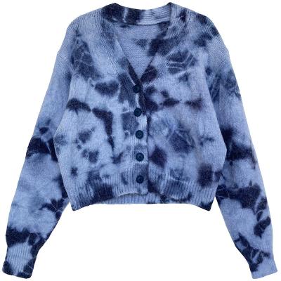 China Anti-wrinkle Factory Direct Selling Design Sense Niche Tie Dye Warm Knitted Cardigan Winter Coat For Women Sweater Cardigan for sale