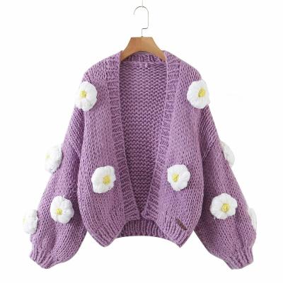 China high quality hand knitted Y2K ladies Anti-wrinkle long sleeve 3D flower solid color thickened loose knit sweater cardigan for sale