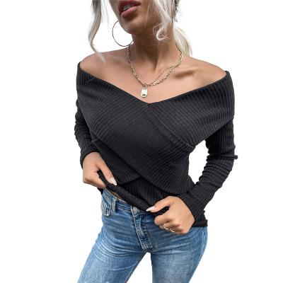 China Anti-wrinkle 2022 new fashion computer knitted long sleeve V-neck off-the-shoulder women pullover sweaters for sale