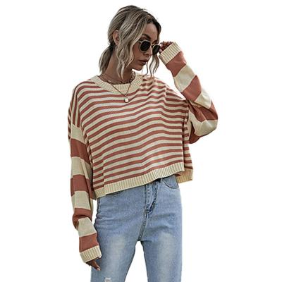 China 2022 Anti-Wrinkle Long Sleeve O Neck Fashion Computer Knitted Stripe Girl Pullover Women Sweaters for sale