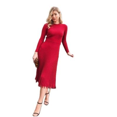 China Anti-wrinkle Temperament And Elegant Casual Wear Ladies Round Neck Pleated Dress Women Long Slim Sweater for sale