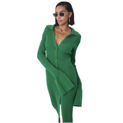 China Autumn New Anti-Wrinkle Fashion Women's Long Sleeve V-Neck Button Flare Dress Sweater for sale