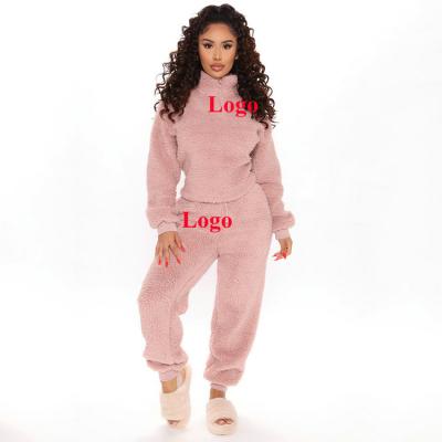 China Winter oversized women's anti-pilling clothing logo anti-pilling printing women's flannel zipper flannel sweatpants two-piece set for sale