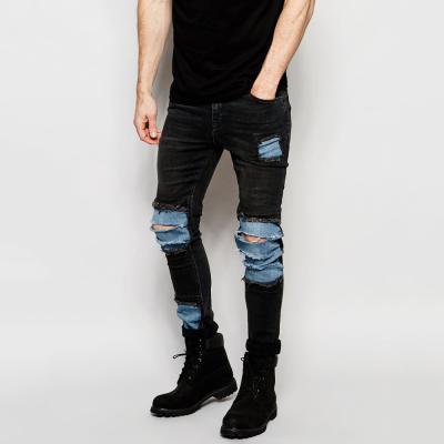 China 2021 Wholesale Viable Holes Jeans Pants Black Trendy Pants With Ripped Fashion Men's Patch Denim Cottons Pants for sale