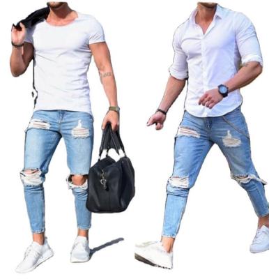 China Light blue ripped men's jeans pants QUICK DRY European and American hot sale men's skinny jeans QUICK DRY for sale