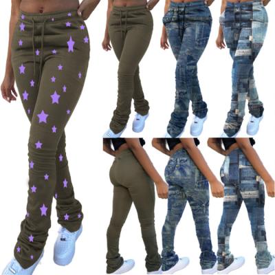 China Anti Wrinkle Anti-Wrinkle Woman Fashion Digital Denim Print Casual Army Green Start Stacked Long Drawstring Cotton Sweatpants Adjustable Trousers for sale