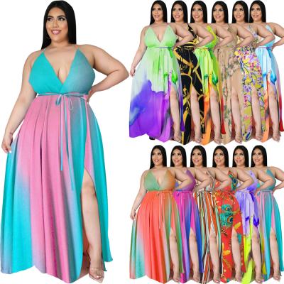 China 2021 viable oversized halter split maxi bohemian dress autumn gradient deep v floral plus size long dresses for women for sale