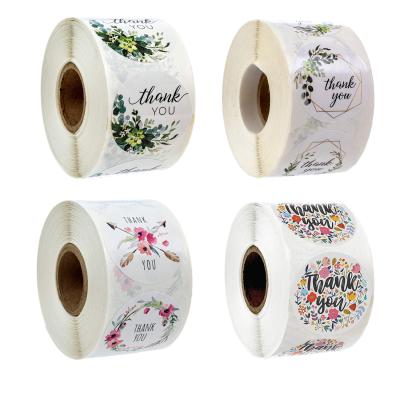 China Hot Selling Waterproof 1 Inch 500pcs Roll Adhesive Floral Vinyl Waterproof Thank You Gift Label Sticker for sale