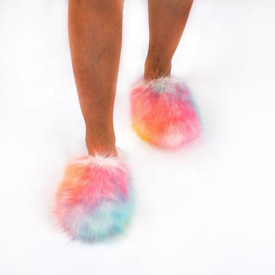 China Wholesale Fashion Trend 2 Pairs Real Raccoon Fox Logo Fluffy Fur Slides Custom Made Fur Fluffy Slipper For Women for sale