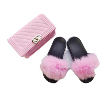 China High Quality Hot Women's Bag PVC Shoulder Bag Rainbow Jelly Set Fox Fur Slippers for sale