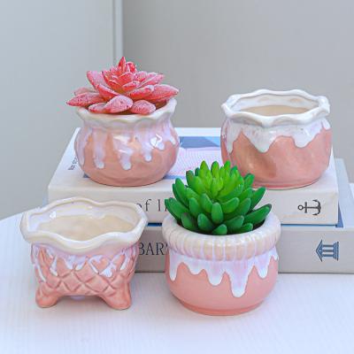 China Eco-friendly Cactus Flower Rose Plant 4inch Ceramic Pot Cute Succulent Planter / Beautiful Bonsai for sale