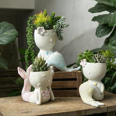 China Country Design Mermaid Seamaid Figure Planter Plant Flower Cement Flower Pot For Plant for sale