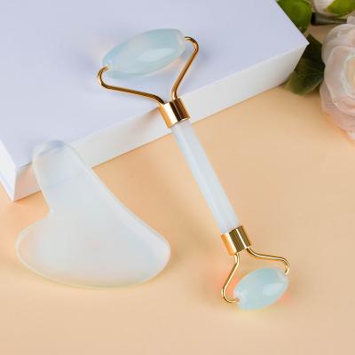 China 100% Natural Opal White Jade Double Head Logo Roller and Gua Sha Custom Facial Massager Set With Gift Box For Face Eyes Neck for sale