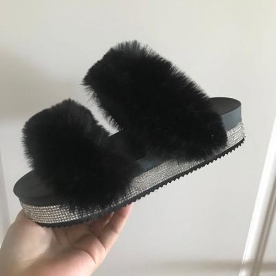 China 2020 Custom Fox Anti-Smell Fur Slippers Warm Faux Fur Slide Sandals Women Fashion Two Strap Fur Slides for sale