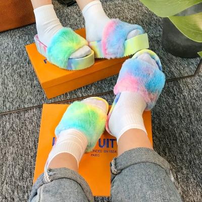 China High Quality Winter Fashion Soft Colored Fur Slippers Anti-Slippery Dye Tiing Candy Color Designer Fur Slippers Women Sandals for sale