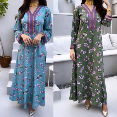 China Best Selling Elegant Party Traditional OMAN Ethnic Round Neck Flower Printed Abaya Dress Ramadan Hoodie Ramadan Kaftan Evening for sale