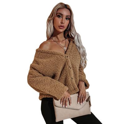 China 2021 Fashion Women's Winter Fall Coat Anti-Wrinkle Thick V-Neck Teddy Cardigan Sweater Coat Jacket for sale