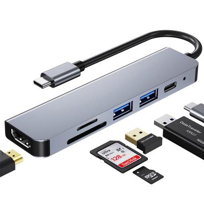 China High Speed ​​USB3.0 6 in 1 USB C Hub Multiport Adapter with HD 4K Output, Power Supply Type C Charging 6 Ports SD/TF Card Reader Hub USB Hub for sale