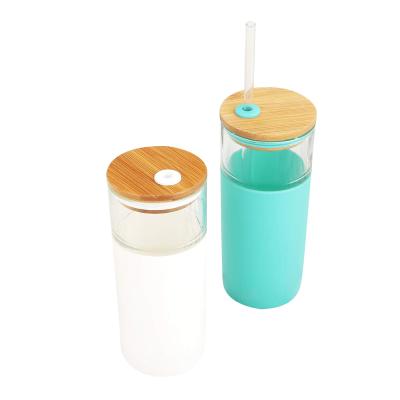 China Disposable Reusable Silicone Insulated Coffee Travel Water Bottle Glass Cup With Glass Straw And Bamboo Lids for sale