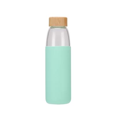 China High Sustainable Borosilicate Glass Silicone Water Bottle With Wooden Lid for sale