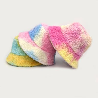 China Wholesale Fashion Striped Design Tie Dye Custom Winter Hats Printing Colorful Rainbow Sherpa Bucket Hat for sale