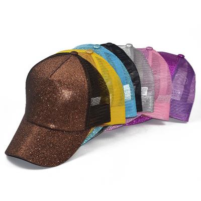 China COMMON Adjustable Glitter Trucker 6 Panel Mesh Hat Ponytail Bling Baseball Cap for sale