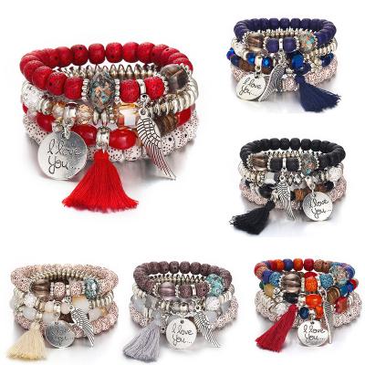 China Retro Crystal Cat Eye Stone Bead Jewelry Ethnic Boho Bracelets Multi-circle Bracelet With Tassel for sale