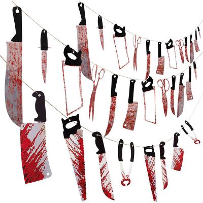 China 2023 New Halloween Hanging Paper Hanging Decoration Indoor Horror Spoof Knife Blood Decoration Props Pull the Flag Ghost Festival Bar Party Backdrops for sale