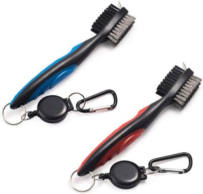 China 2 Piece Golf Club Brush Slot Zinc Alloy Cleaner With Retractable Zipper And Aluminum Rope Rise Cleaning Tool for sale