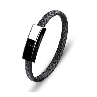 China Custom Leather Black Braided Bracelets Metal Hematite Charcoal USB Mobile Phone Wristbands For Iphone, Type-C, Micro-port Data Charging Wristband for sale