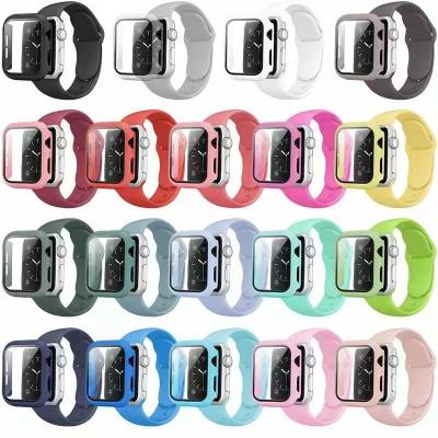 China Rubber Sport Silicone Watch Band Rubber Strap with Tempered Glass Watch Cover Case for Apple iWatch 7 Se 6 Wrist Strap 41 45mm for sale