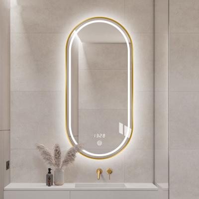 China Dimmable 3 Color Backlit Mirror Bathroom Temperature Smart Magnifying Oval Mirror Led Fog Light Aluminum Frame Makeup Mirror for sale