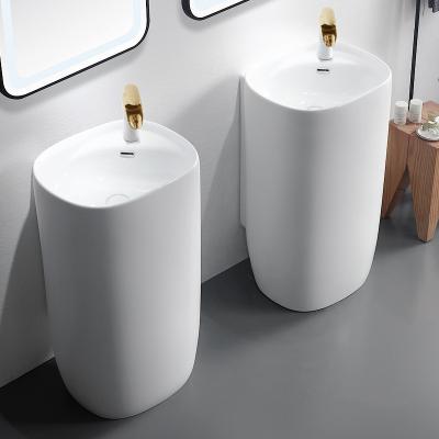 China Easy Clean Wash Basin pedestal free standing ceramic bathroom sink wash basin high grade European style washroom washing sink for sale