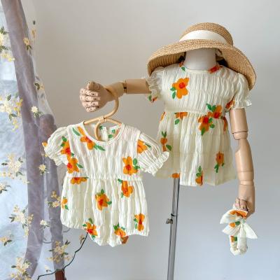 China Princess Summer Flower Printing Infant Babies Short Sleeve Dress/Jumpsuit Anti-wrinkle Cotton Fashion Sister Clothes for sale