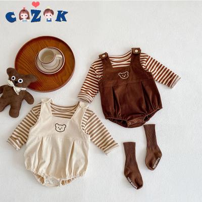 China Spring Breathable Cotton Striped T-shirt + Little Bear Embroidered Corduroy Suspender Triangle Overalls Baby Boy Girls Romper Suit for sale