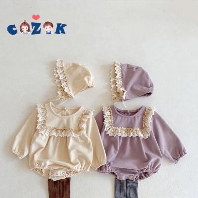 China Spandex/Cotton Spring Lace Triangle Long Sleeved Jumpsuit+Hat Set Infant Casual Cotton Outfit Jumpsuit Baby Romper Suit for sale