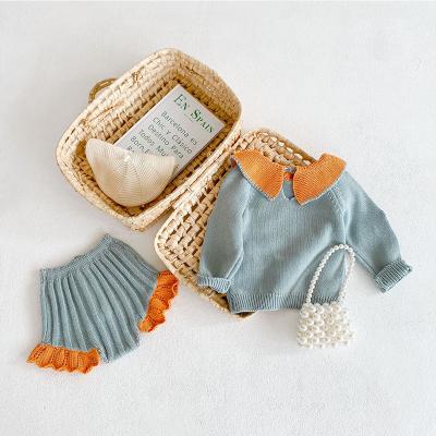 China Anti-pilling Winter Girl Infant Baby Suit Knitted Lotus Leaf Collar Top Purfle Blue Pants Two-Piece Set Clothing Sets Sweater Kid Clothes for sale