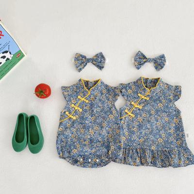 China Retro Babies Wind Jumpsuit Anti-wrinkle Summer New Floral Dress With Hair Band Free Baby Dress Baby Clothes China for sale