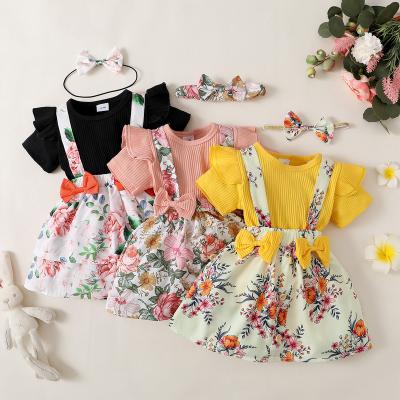 China Antibacterial Wholesale Floral Print Skirt Strap Bow Sleeve Shorts Summer Newborn Baby Clothes Sets Babies' Clothing Sets for sale