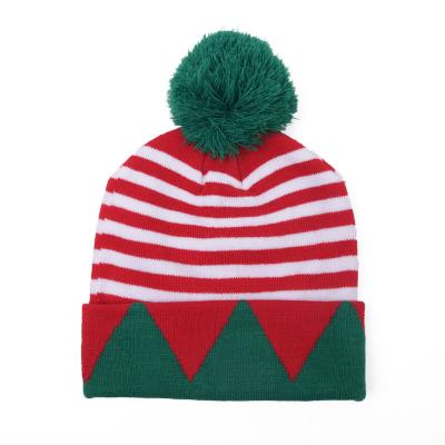 China Cusotm Popular Winter 2021 Christmas Gift Red And Green Stripes Knitted Hat For Christmas Adult Acrylic Beanie Hat for sale