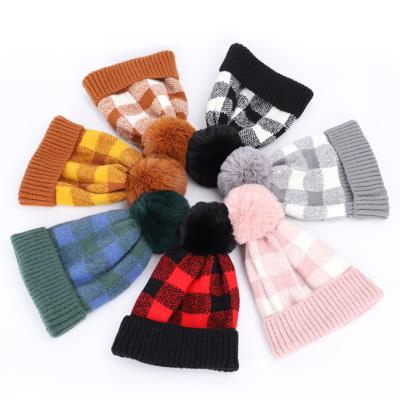 China 2021 Winter COMMON Warm Wool Knitted Plain Plaid Pom Pom Beanie Hat For Women Acrylic Ladies Hats for sale