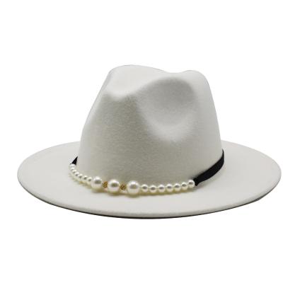 China Comfortable Fedora hats women wholesale 2021 new designer wide brim wool felt hat with pearl hats men and women for sale