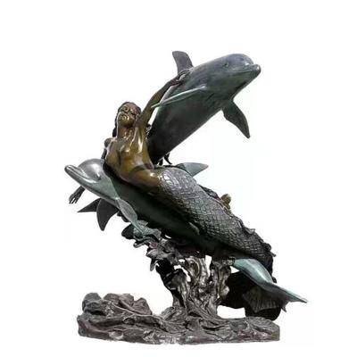 China Europe House And Swing Pool Decoration Life Size Bronze Mermaid Playing With Two Dolphins Fountain Statue for sale