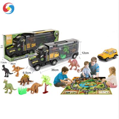 China Hot Sale Eco-friendly 14 Inch Tractor Trailer Dinosaur Carrier STEM Dinosaur Toys with Mini Plastic Dinosaurs Car and Playmat for sale