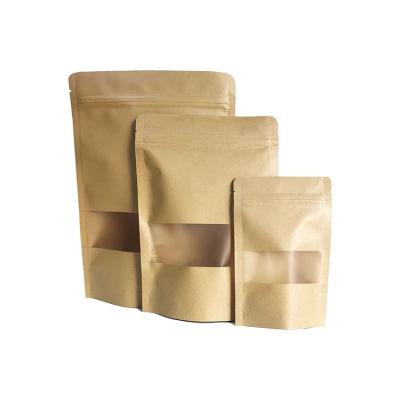 China Recyclable In Stock And Custom Doypack Brown Kraft Paper Ziplock Up Pouches Food Packaging Zipper Bags With Frosted Window for sale